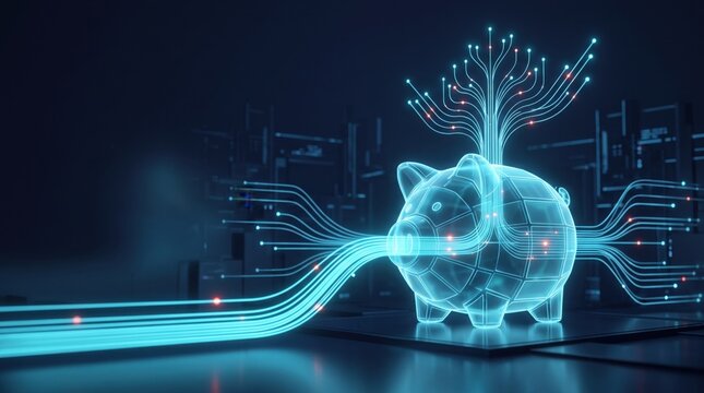 holographic piggy bank with glowing data streams representing digital finance and technology