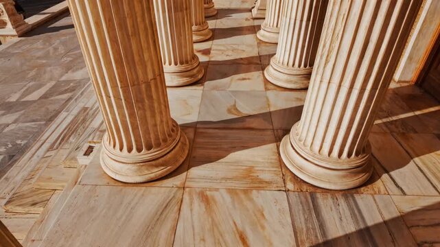 Sunlight casting shadows across the marble bases of massive fluted neoclassical columns of the Academy of Athens, Athens, Greece