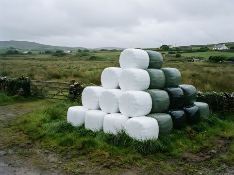 Large stack of round hay bales wrapped in white and dark green plastic sitting on wet meadow.