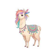 A cute cartoon llama with colorful hair, decorative blanket, and feathers in a whimsical style. © davis