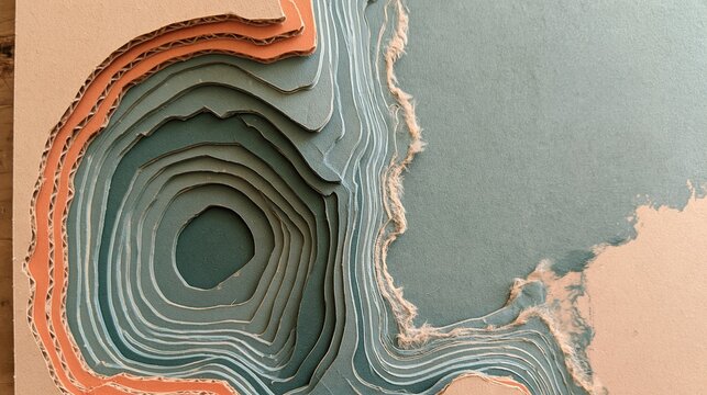 Topographic contour map made of layered cardboard, featuring a tactile stepped relief and textured edges with copy space for design projects