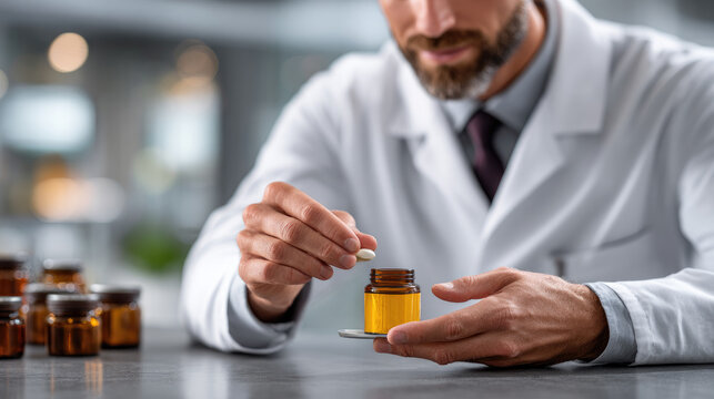 Pharmacist holding a tiny white pill over a brown medicine bottle on a medical scale, preparing medication with precision in a pharmacy setting