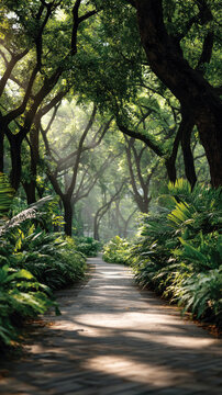 Paved stone pathway winding through lush green trees and foliage in a peaceful urban park or natural garden, inviting reflection and a tranquil journey through nature's embrace