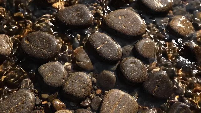 Wet smooth river stones and pebbles resting in clear shallow water reflecting sunlight.