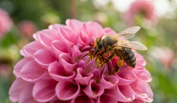 Honey bee collecting nectar from a vibrant pink dahlia flower in a sunny garden setting