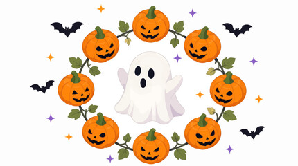 Obraz premium Festive halloween celebration with cute ghost and smiling pumpkins in a spooky vector design