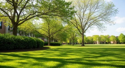 Obraz premium Vibrant Green Campus Quad With Mature Trees And Buildings