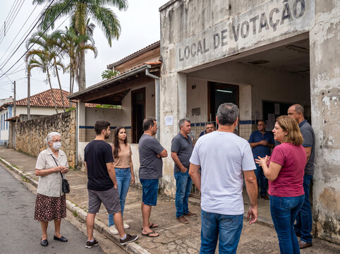 Diverse Brazilian citizens gathering and waiting outside a local polling station on election day