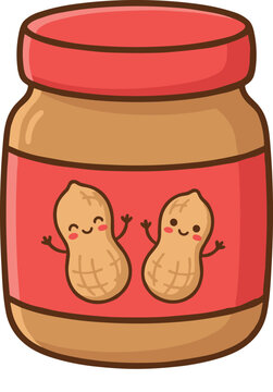 Cute peanut butter jar vector illustration featuring a cartoon spread container with red lid and happy smiling nut characters on the label
