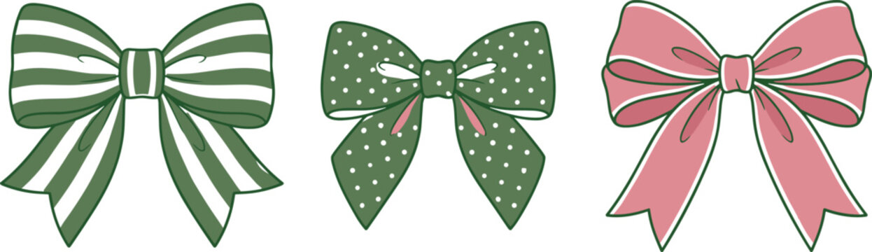 Cute patterned ribbon bow vector collection set featuring hand drawn green striped polka dot and pink cottagecore ornaments isolated on white background