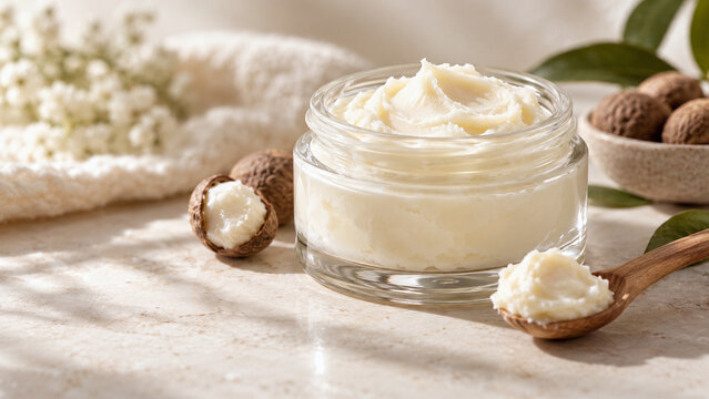 Natural shea body butter in glass jar with wooden spoon, shea nuts, soft towel and warm beige spa background, premium skincare macro