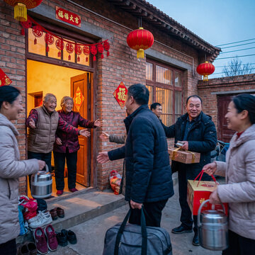 Happy Chinese family reuniting at their rural home entrance with warm greetings and gifts for Spring Festival celebration