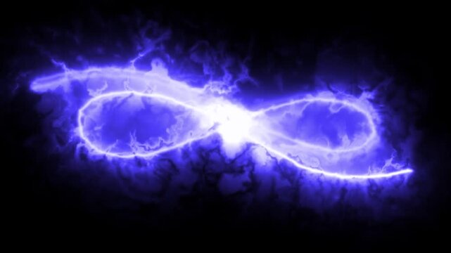 Electric lightning infinity symbol depicting a glowing blue energy aura continuously moving on a dark background. Seamless loop 4k animation.