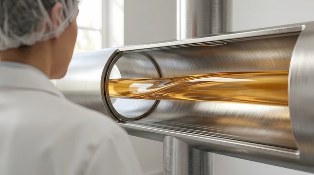 Scientist Inspecting Oil Flow in Industrial Metal Pipe