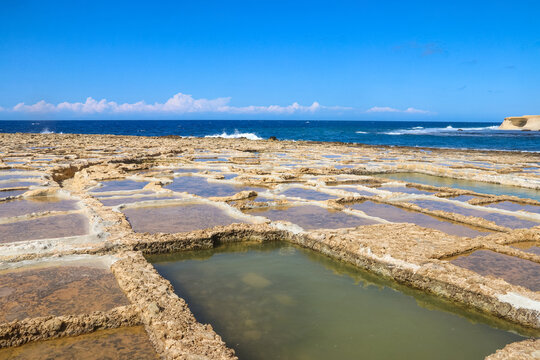 Picturesque scene of salt pans on Gozo island, Malta