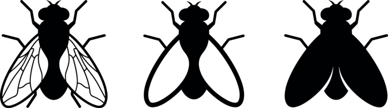 Housefly silhouette vector icon collection set featuring realistic house fly insect shapes and linear wing details isolated on white background layout