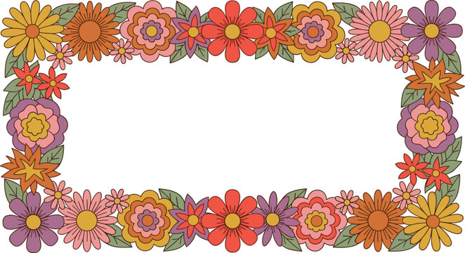Retro retro groovy flower border frame vector template featuring a vintage seventies psychedelic colorful daisy blossoms layout isolated on white background