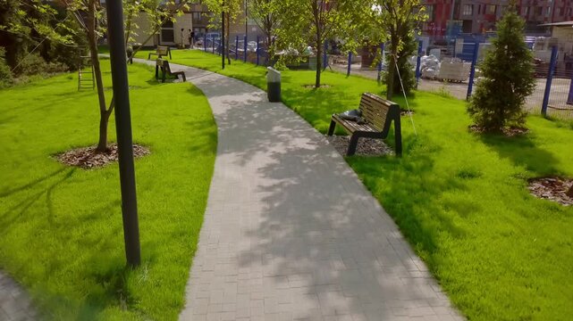 Sunny paved footpath in a modern residential park with green lawns and young trees