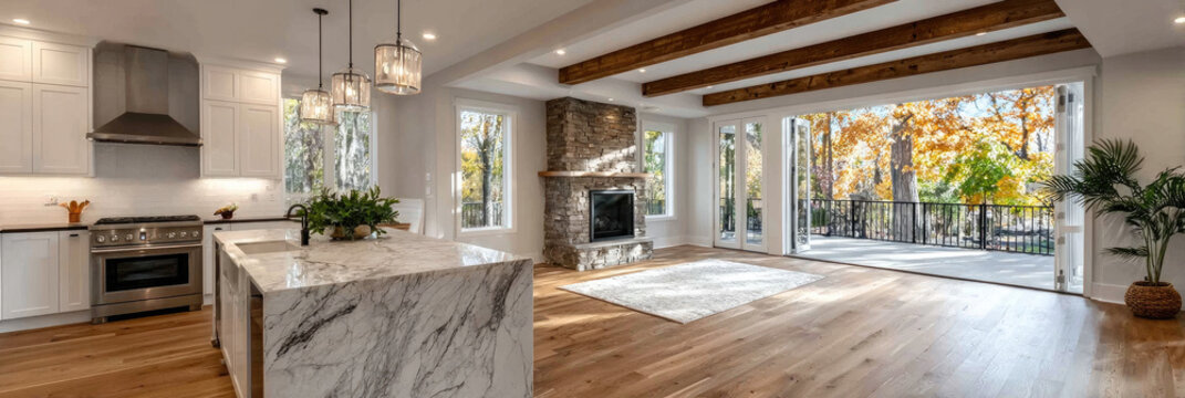 Open living space with modern interior design, featuring expansive panoramic windows and sliding glass doors seamlessly connecting to a lush green outdoor garden
