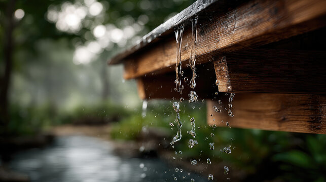 Rainwater dripping profusely from a rustic wooden roof structure, creating clear water droplets falling towards a serene, out of focus forest pond on a humid day