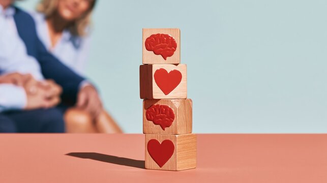 Wellness blocks with brain and heart shapes on a table, showing worn wood texture and enamel insets for employee health and care