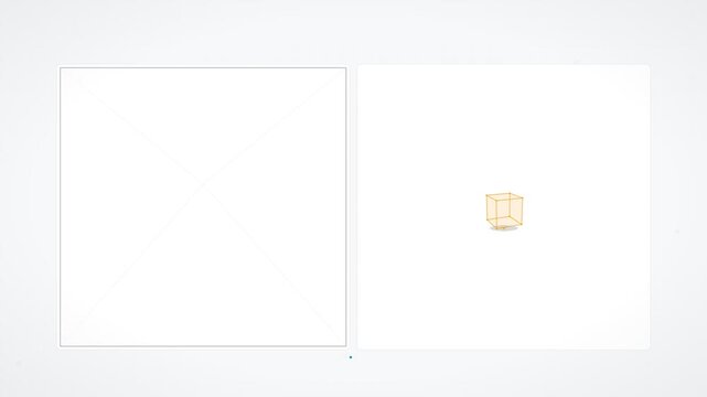 Rotating 3D wireframe cube in digital interface window, isolated on white background