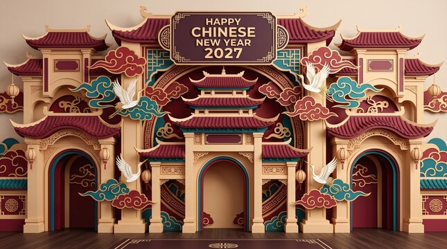 Ornate papercraft stage design for Happy Chinese New Year 2027 with traditional red and beige architecture, flying cranes, and festive clouds.
