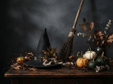 Halloween witch hat and broom photo with pumpkins on rustic wooden table against dark background