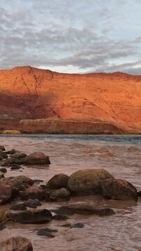 Vertical Footage Of Colorado River Bank At Lees Ferry Sunset Time Where Paria River Enters The River 