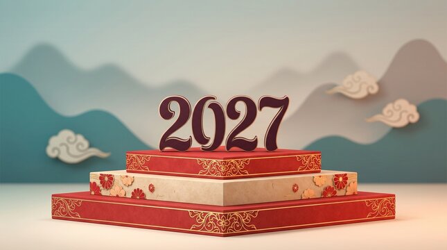 Festive multi-tier red and beige display podium featuring the year 2027 with traditional ornate golden patterns, floral motifs, and minimalist oriental mountain backdrop.