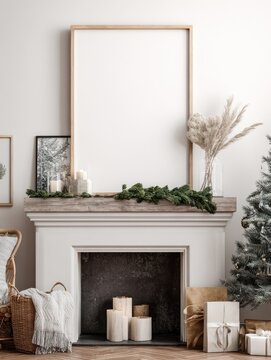 Cozy winter fireplace decor scene.