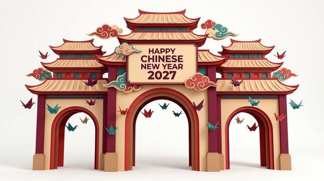 Festive papercraft archway featuring traditional asian architecture style with text reading happy chinese new year 2027 and colorful origami cranes suspended against isolated white background.