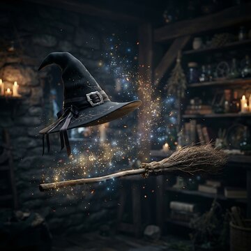 Witch hat and broom levitating with magic sparks in a dark wizard room