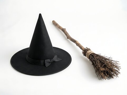 Witch hat and broom photo, Halloween magic costume accessory isolated on white background
