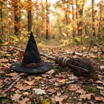 Witch hat and broom photo in autumn forest with fallen leaves, Halloween theme