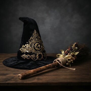 Witch hat and broomstick photo on wooden table, magic Halloween concept
