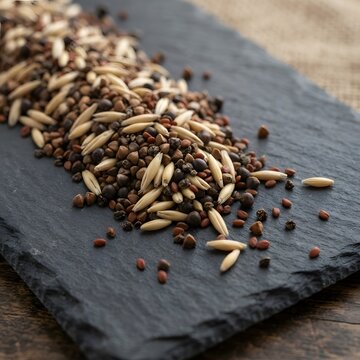 Mixed raw grains and seeds scattered on dark slate board for healthy nutrition concepts.