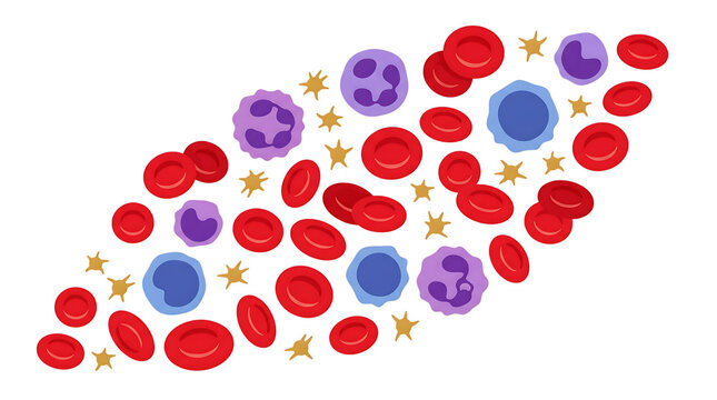 Illustration of human blood cells including red blood cells, white blood cells and platelets on transparent background