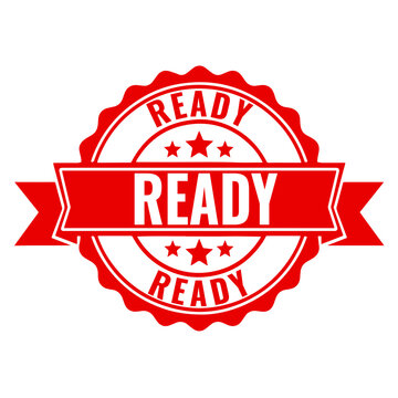 Red ready sign stamp with stars and a ribbon banner for business promotion and marketing labels to highlight available stock or special product status updates