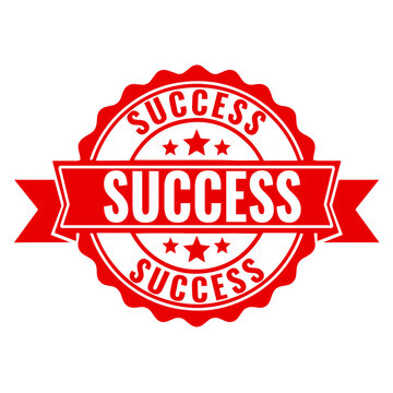 Red success stamp seal with banner and star icons for business achievement and professional growth concept illustration isolated on a simple graphic design