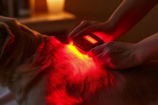 Hand using a handheld red light therapy device on a dog back