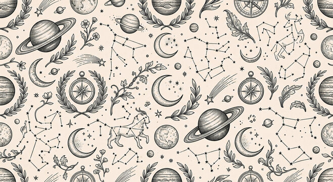 Vintage Astronomy Celestial Objects Seamless Hand Drawn Pattern