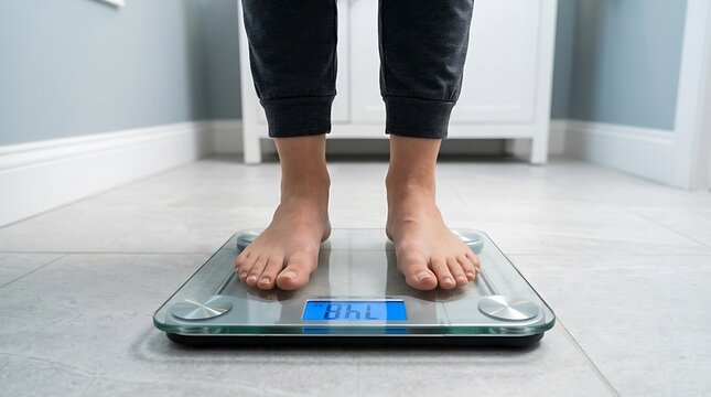 Bathroom scale weight tracking close-up of person standing on digital glass scale in home interior