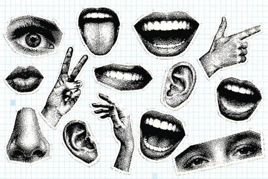 Retro Halftone Body Parts Collage Set, Y2K Vintage Paper CutoutsLips, Eyes, Noses and Hands with Torn Paper Newspaper Texture