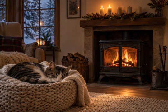 Schlafende Katze am Kamin in gem&uuml;tlicher Adventsstimmung. Kerzen, Tannengr&uuml;n, Strickdecke und verschneite B&auml;ume schaffen eine warme, friedliche Atmosph&auml;re im winterlichen Zuhause.