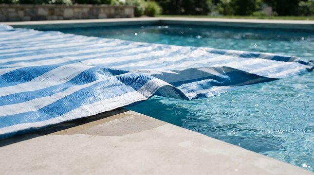 Blue and white striped pool cover on swimming pool water close up