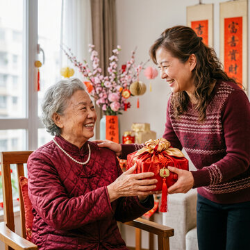 An adult Asian daughter presents a traditional Chinese New Year gift box wrapped in red silk fabric to her smiling senior mother at home