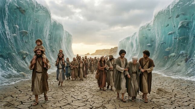 Biblical ancient exodus: Moses lead, Red Sea, Egyptian pursuit, divine theology, spiritual symbol, faith religion, freedom escape, Bible narrative, dramatic atmosphere.