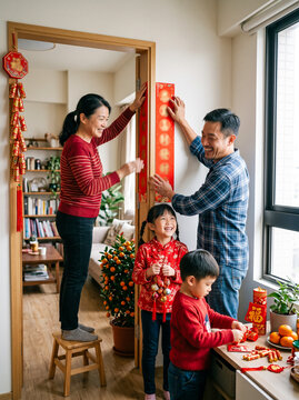 Happy Asian Family Decorating Their Modern Home with Red Couplets for Chinese New Year
