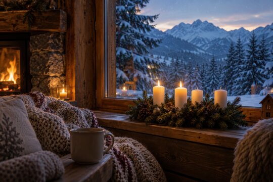 Gem&uuml;tliche Bergh&uuml;tte mit Kamin, Adventskranz und hei&szlig;em Getr&auml;nk vor einer verschneiten Alpenlandschaft. Kerzenlicht und Strickdecken vermitteln Ruhe, W&auml;rme und Winterurlaub.